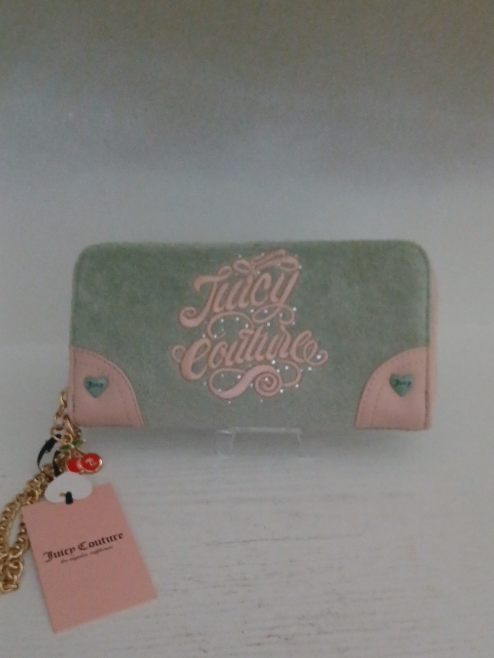 Juicy Couture Mint Green Wallet with Pink Accents and Gold Charm